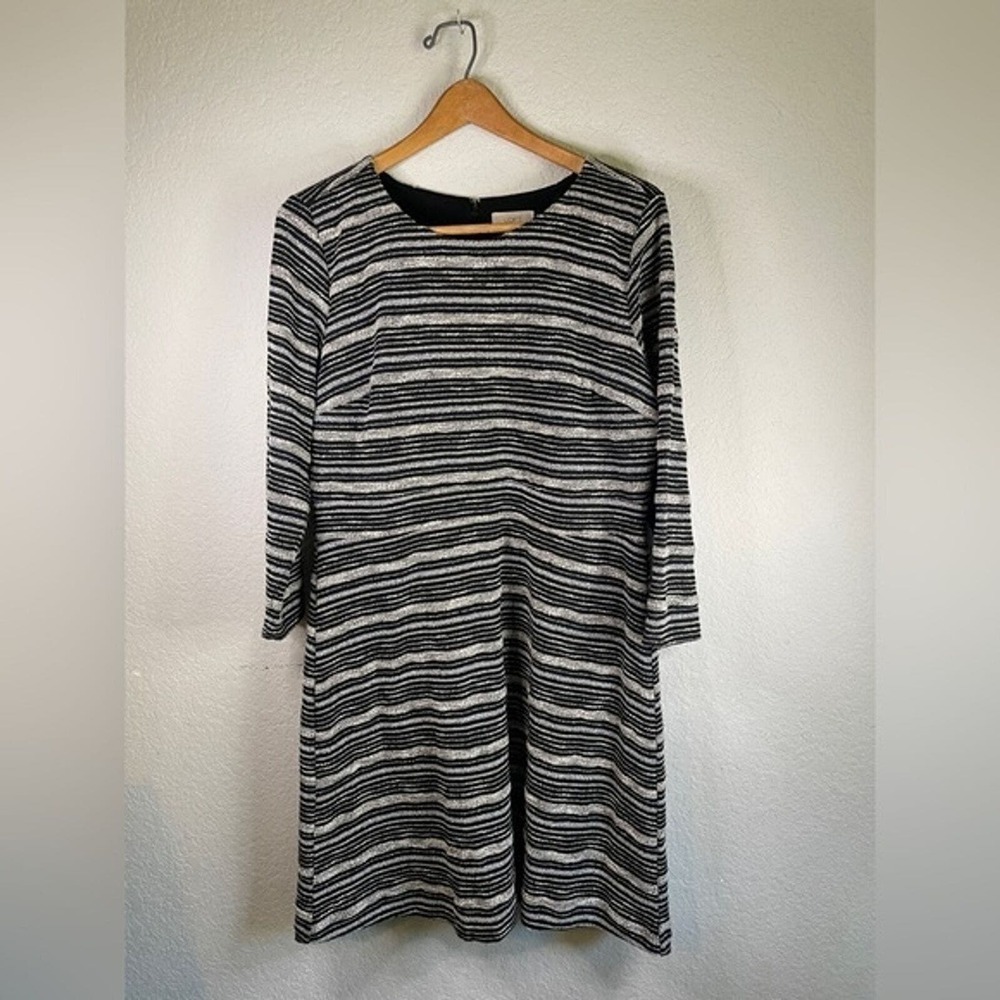 Ann Taylor Loft Dress Tweed Black and Tan 3/4 Sleeve Fit and Flare Womens 12